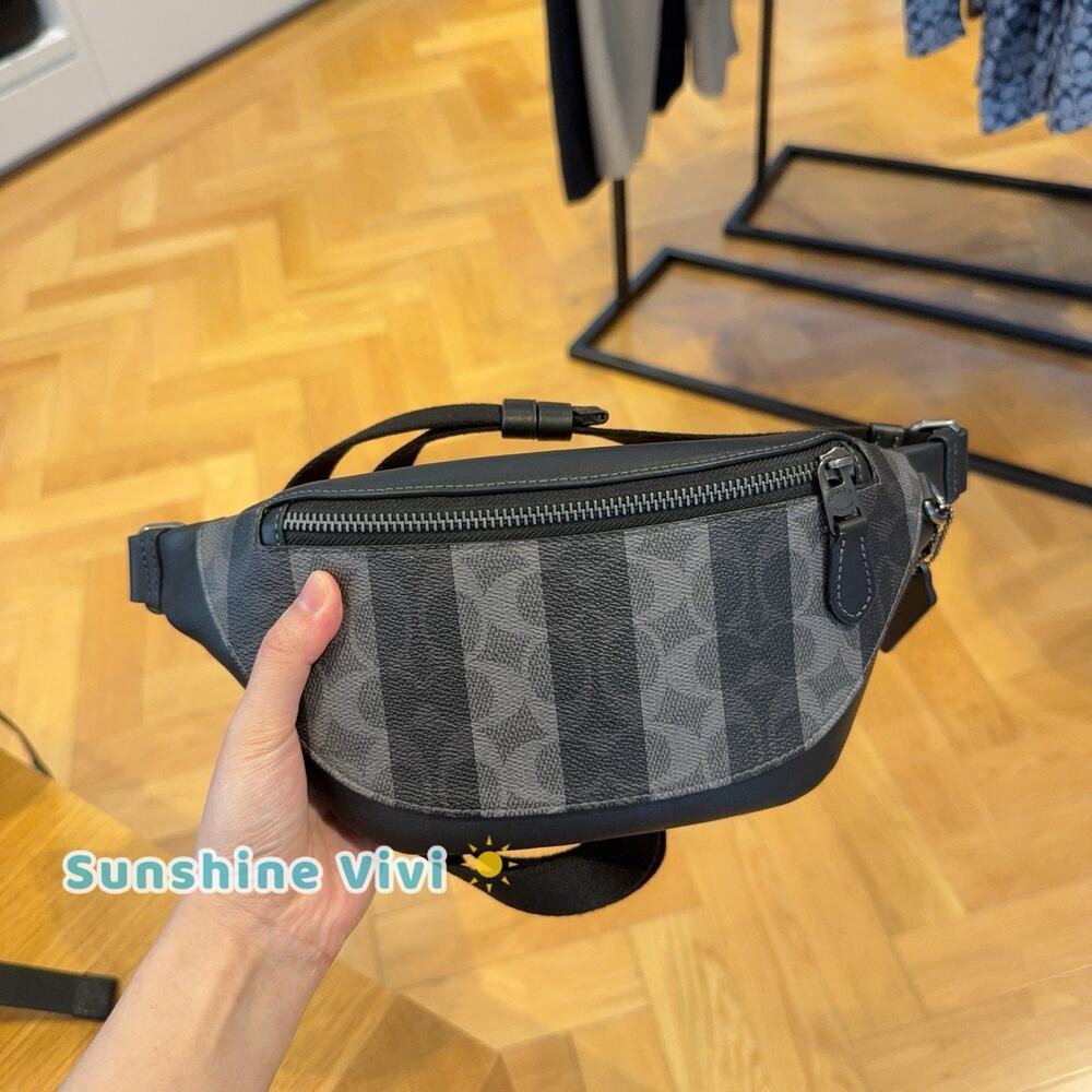 NWT Coach Warren Mini Belt Bag In Signature Canvas With Stripes Black/Grey CEB34